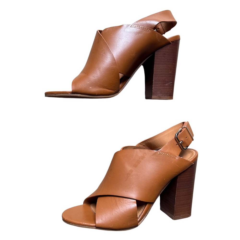 Tan Block Heel Slingback Shoes with Crossed Straps